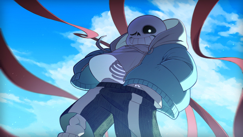 1boy absurdres black_shorts blue_jacket cloud day forut_dondon hands_in_pockets highres hood hood_down hooded_jacket jacket looking_at_viewer male_focus one_eye_closed outdoors sans shirt shorts skeleton sky solo teeth undertale white_shirt