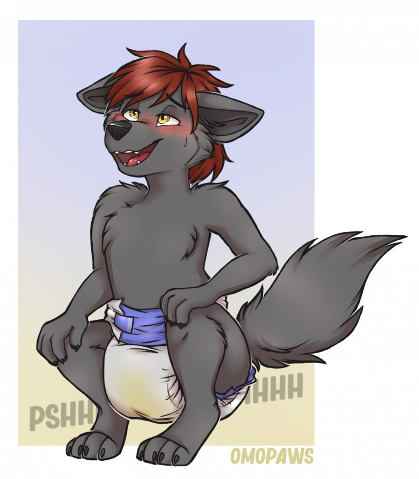 anthro blush blush_lines bodily_fluids canid canine canis clothed clothing crouching desperation diaper diaper_use domestic_dog genital_fluids hi_res male mammal omopaws onomatopoeia relieved solo solo_focus sound_effects text urine wearing_diaper wetting