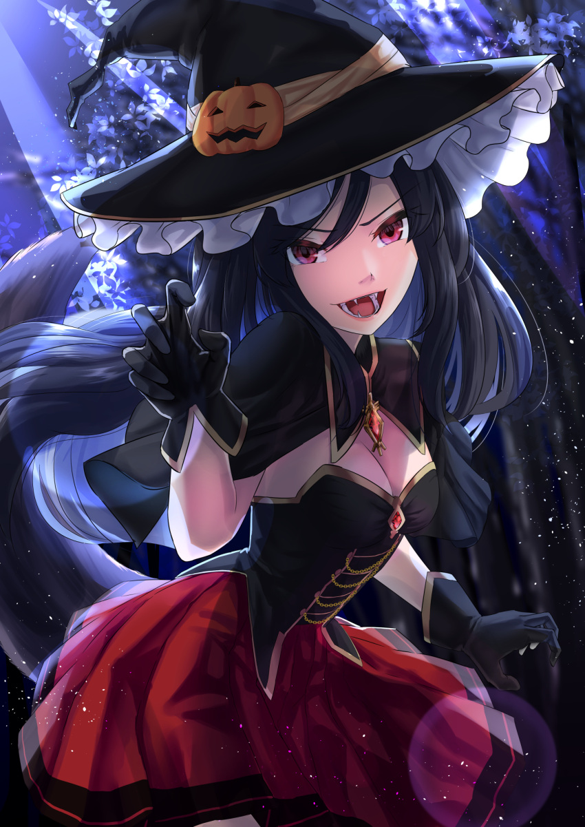 1girl animal_ears black_headwear bodice breasts brooch brown_hair capelet cleavage dress fang forest gloves halloween halloween_costume hat hat_belt highres imaizumi_kagerou jack-o'-lantern jewelry large_breasts large_hat long_hair looking_at_viewer nature night open_mouth red_eyes smile solo tail tenamaru touhou witch witch_hat wolf_ears wolf_tail