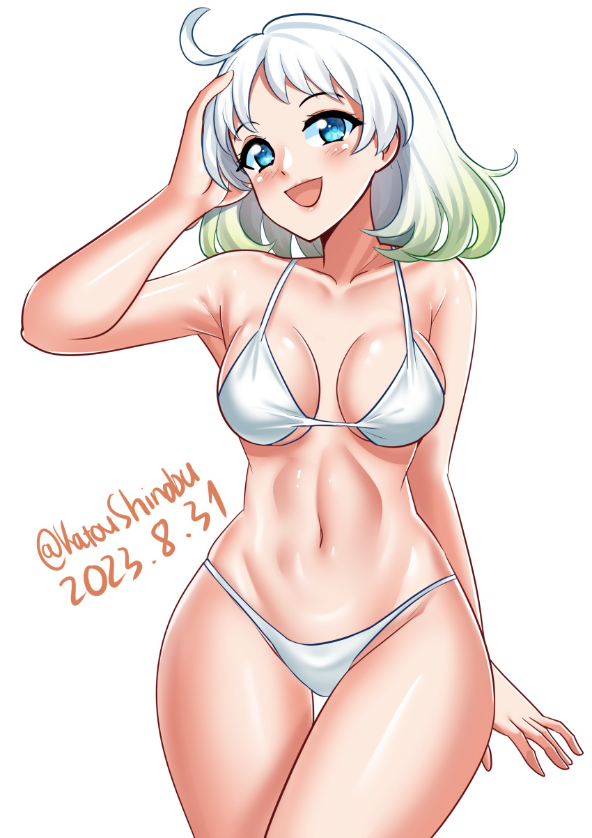 1girl absurdres ahoge alternate_breast_size bikini blue_eyes breasts cowboy_shot dated gradient_hair green_hair hand_on_own_head highres kantai_collection katou_shinobu medium_breasts multicolored_hair natsugumo_(kancolle) one-hour_drawing_challenge short_hair simple_background solo standing swimsuit thigh_gap twitter_username white_background white_bikini white_hair