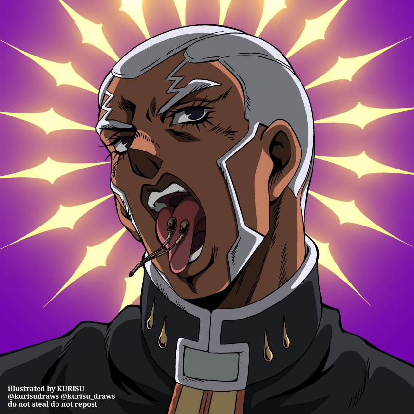 1boy absurdres black_eyes cassock cherry_stem dark-skinned_male dark_skin enrico_pucci eyelashes glowing hair_bun highres jojo_no_kimyou_na_bouken kurisu_draws looking_afar male_focus open_mouth portrait priest purple_background short_hair single_side_bun solo stone_ocean teeth tongue tongue_out twitter_username very_short_hair watermark white_hair