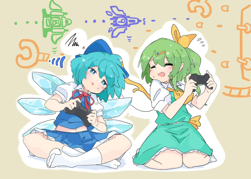 2girls aqua_skirt aqua_vest blue_bow blue_eyes blue_hair blue_skirt blue_vest blush bow cirno closed_eyes controller daiyousei fairy fairy_wings game_controller green_hair hair_between_eyes hair_bow highres holding holding_controller holding_game_controller ice ice_wings long_hair multiple_girls open_mouth short_hair side_ponytail skirt socks tatutaniyuuto touhou vest white_socks wings