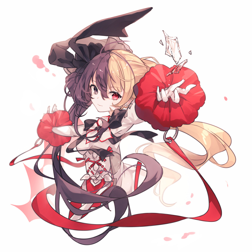 absurdres arcaea black_bow black_bowtie black_eyes black_hair blonde_hair bow bowtie breasts flower glass_shards hair_between_eyes heterochromia highres long_hair looking_at_object maya_(arcaea) medium_breasts miyu_(miy_u1308) multicolored_bow multicolored_hair outstretched_arms petals red_eyes red_ribbon ribbon shirt sidelocks sleeve_cuffs two-tone_hair upper_body very_long_hair white_background white_bow white_flower white_petals white_shirt white_sleeves