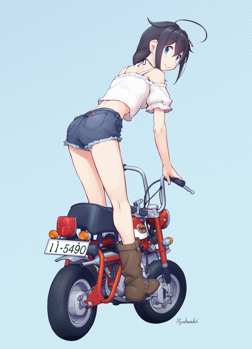 1girl ahoge artist_name black_hair blue_eyes blue_shorts boots braid brown_footwear closed_mouth denim denim_shorts full_body hair_between_eyes hair_flaps highres kantai_collection long_hair looking_at_viewer looking_back motor_vehicle nakaaki_masashi shigure_(kancolle) shigure_kai_ni_(kancolle) shirt short_sleeves shorts signature single_braid smile solo white_shirt