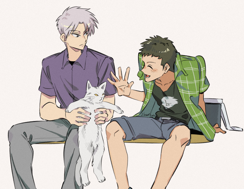 2boys absurdres akagi:_yami_ni_oritatta_tensai akagi_shigeru animal belt black_belt black_shirt cat closed_eyes closed_mouth commentary_request expressionless feet_out_of_frame freckles green_shirt grey_cat grey_hair grey_pants grey_shorts highres holding holding_animal holding_cat inudori invisible_chair looking_at_animal male_focus multiple_boys nozaki_osamu open_clothes open_mouth open_shirt pants parted_bangs plaid plaid_shirt purple_shirt shirt short_bangs short_hair short_sleeves shorts simple_background sitting smile very_short_hair