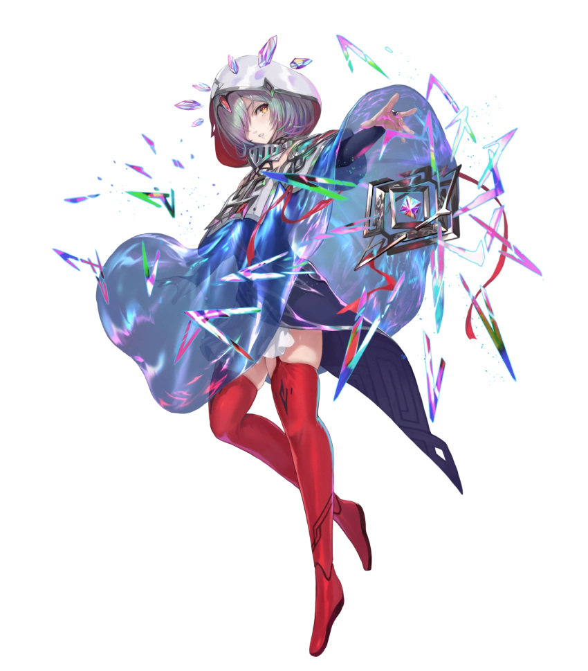 1girl bridal_gauntlets crystal dress fire_emblem fire_emblem_heroes full_body garter_straps gradient_hair green_hair hair_over_one_eye hand_up highres hood jewelry kvasir_(fire_emblem) medium_hair multicolored_hair non-web_source official_art pale_skin purple_hair see-through short_dress silver_trim solo thighhighs thighs tiara transparent_background yellow_eyes yoshiku_(oden-usagi) zettai_ryouiki