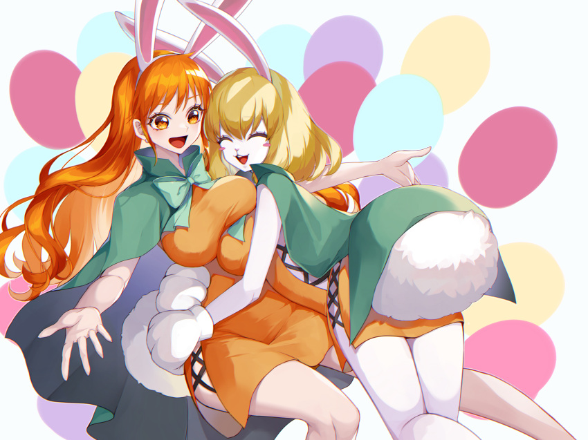 2girls :d animal_ears blonde_hair blush cape carrot_(one_piece) carrot_(one_piece)_(cosplay) closed_eyes commentary cosplay crazy_otama dress eyelashes furry furry_female gloves green_cape hair_ornament happy highres long_hair looking_at_another multiple_girls nami_(one_piece) one_piece open_mouth orange_dress orange_eyes orange_hair rabbit rabbit_ears rabbit_hair_ornament rabbit_tail short_hair smile symbol-only_commentary tail wavy_hair