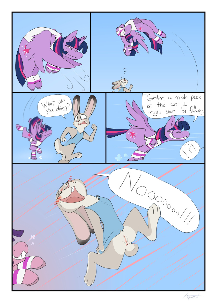 absurd_res aquest bodily_fluids bottomless clothed clothing comic covering_butt crotch_breasts disney embarrassed eyes_on_the_prize flip flying friendship_is_magic genitals hasbro hi_res judy_hopps meta my_little_pony pussy racing rivalry running sweat sweatband twilight_sparkle_(mlp) zootopia