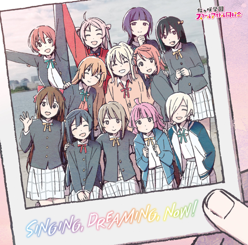 absurdres ahoge album_cover asaka_karin black_hair blonde_hair bow cover emma_verde fang freckles group_picture hair_bow hair_ornament hairclip highres jacket konoe_kanata love_live! love_live!_nijigasaki_high_school_idol_club mebachi mia_taylor mifune_shioriko miyashita_ai nakasu_kasumi neck_ribbon official_art open_clothes open_jacket ousaka_shizuku photo_(object) pink_hair red_hair ribbon school_uniform side_ponytail skirt smile sweater tennouji_rina uehara_ayumu yuuki_setsuna_(love_live!) zhong_lanzhu