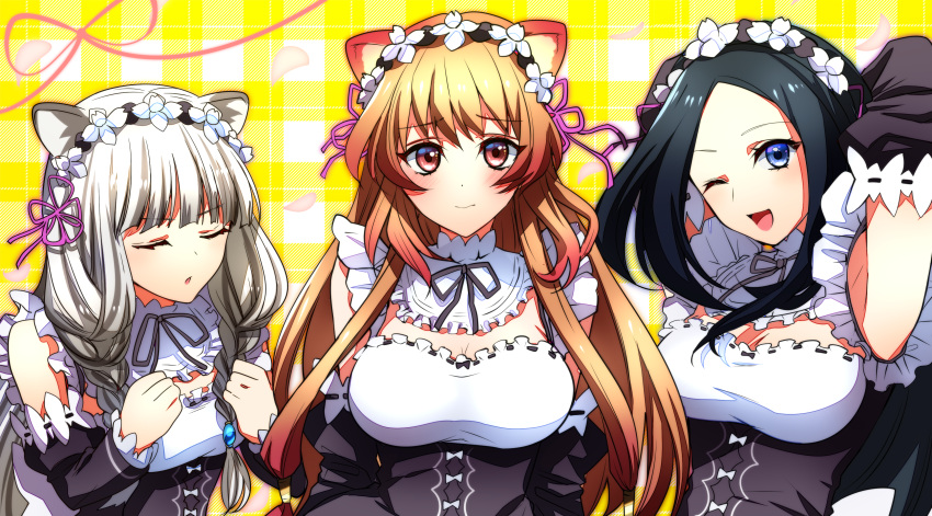 3girls absurdres alta_(tate_no_yuusha_no_nariagari) alternate_costume animal_ears armpits black_hair black_hairband black_ribbon blue_eyes blunt_bangs blush braid breasts brown_hair cat_ears cleavage cleavage_cutout closed_eyes clothing_cutout colored_tips commission detached_sleeves embarrassed enmaided flower flower_hairband frills hair_ornament hair_ribbon hairband highres honchu large_breasts long_hair long_sleeves looking_at_viewer maid maid_headdress medium_breasts multicolored_hair multiple_girls neck_ribbon one_eye_closed open_mouth orange_hair petals pink_ribbon presenting_armpit raphtalia red_eyes red_hair ribbon sadina_(tate_no_yuusha_no_nariagari) second-party_source small_breasts smile tate_no_yuusha_no_nariagari tiger_ears twin_braids upper_body white_background white_flower white_hair yellow_background
