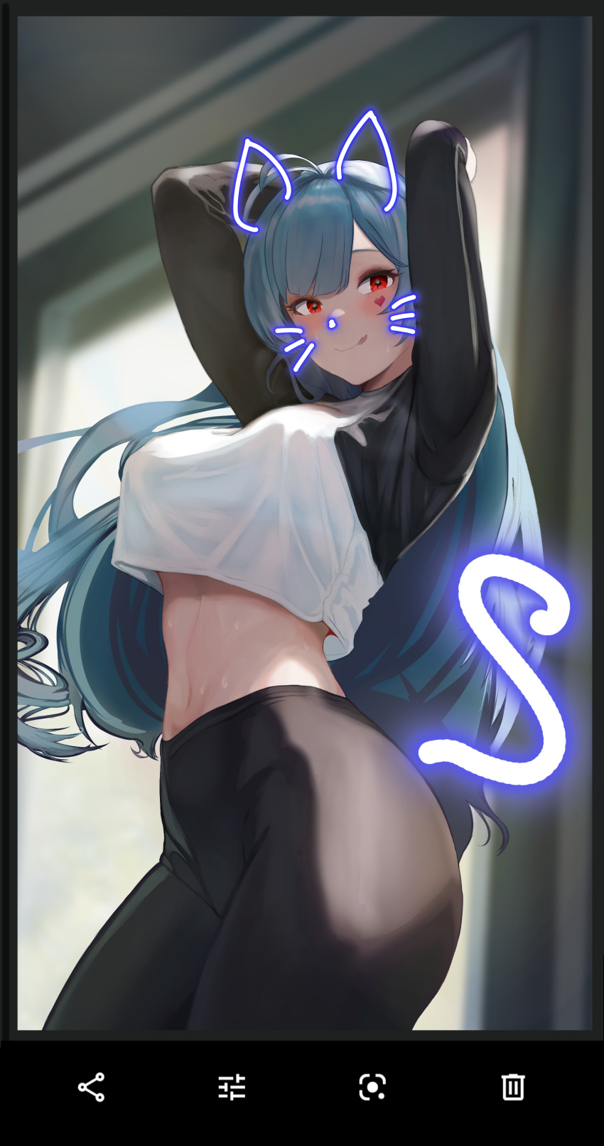1girl absurdres animal_ears antenna_hair arms_up azur_lane black_pants black_sleeves blue_hair blurry blurry_background cat_ears cat_tail closed_mouth crop_top crop_top_overhang depth_of_field facial_mark fake_animal_ears fake_screenshot fake_tail fake_whiskers heart heart_facial_mark highres indoors long_hair marco_polo_(azur_lane) midriff pants red_eyes shirt shishiria solo symbol-shaped_pupils tail tongue tongue_out very_long_hair white_shirt