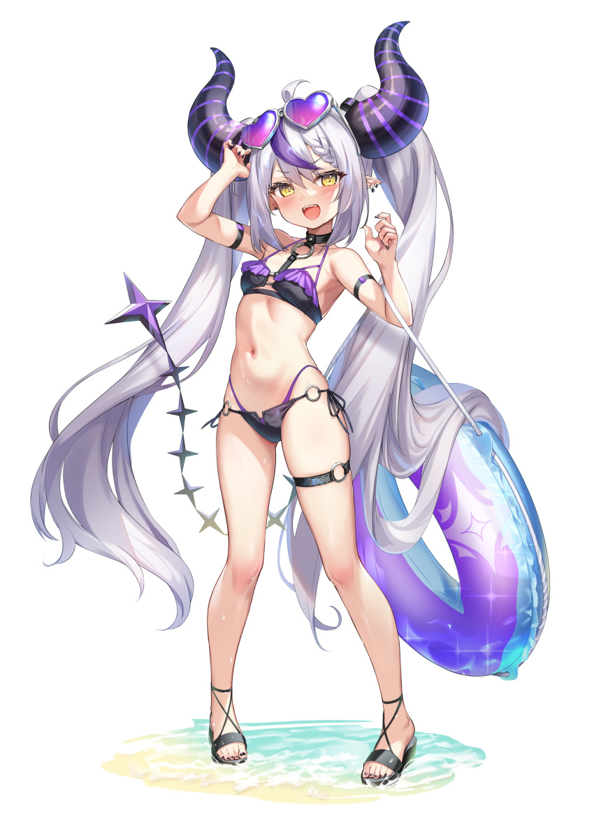1girl absurdres ahoge bikini black_footwear black_nails blush breasts demon_girl demon_horns grey_hair hair_between_eyes heart heart-shaped_eyewear highres hololive horns la+_darknesss long_hair looking_at_viewer mafuyun multicolored_hair nail_polish navel o-ring o-ring_thigh_strap open_mouth pointy_ears purple_hair sandals simple_background small_breasts solo streaked_hair striped_horns swimsuit teeth thigh_strap twintails upper_teeth_only very_long_hair virtual_youtuber white_background yellow_eyes