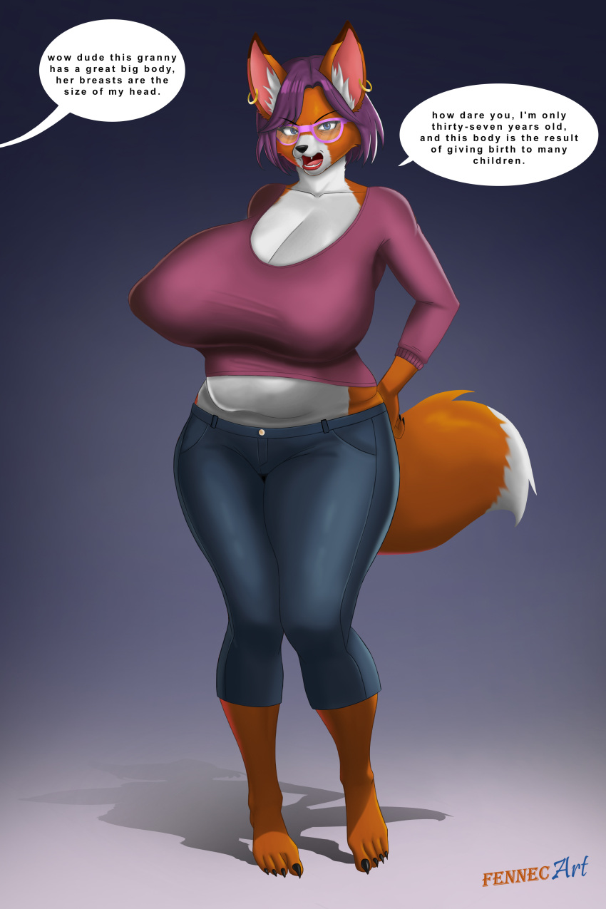 2023 absurd_res age_stated anthro artist_name barefoot belly big_breasts black_nose blue_eyes bottomwear breasts brown_body brown_fur canid canine cheek_tuft cleavage clothed clothing denim denim_clothing dialogue ear_piercing ear_ring english_text eyebrows eyewear facial_tuft fangs feet female fennecart fox fully_clothed fur glasses hair hand_on_hip hi_res huge_breasts inner_ear_fluff jeans lipstick looking_at_viewer makeup mammal mature_female midriff multicolored_body multicolored_fur offscreen_character open_mouth pants piercing purple_hair ring_piercing shirt short_hair slightly_chubby solo speech_bubble teeth text topwear tuft two_tone_body two_tone_fur white_body white_fur wrinkles