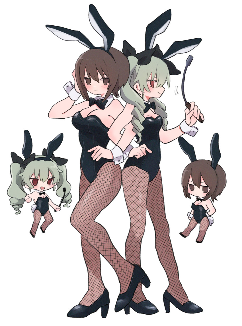 2girls anchovy_(girls_und_panzer) animal_ears black_bow black_bowtie black_footwear black_leotard blush bow bowtie breasts brown_eyes brown_hair cleavage closed_mouth drill_hair fake_animal_ears fishnet_pantyhose fishnets girls_und_panzer green_hair hair_bow hairband hand_on_own_hip high_heels highres holding_riding_crop large_breasts leotard locked_arms long_hair multiple_girls nishizumi_maho pantyhose playboy_bunny rabbit_ears ri_(qrcode) short_hair simple_background smile twin_drills white_background wrist_cuffs