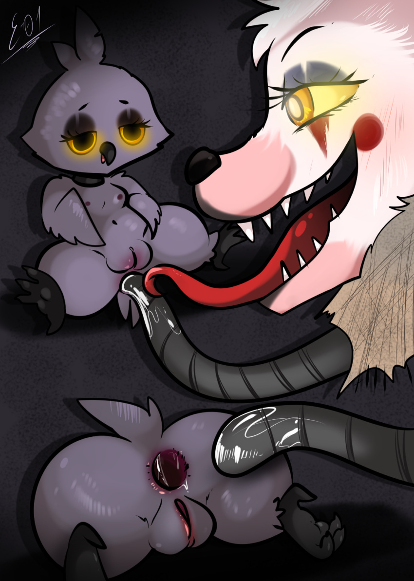 3_toes ambiguous_gender anal anal_penetration animatronic anthro anus areola avian barefoot beak bedroom_eyes bird black_nose blush bodily_fluids breasts butt canid canine cunnilingus digital_media_(artwork) duo e-01 feathers feet female female/ambiguous five_nights_at_freddy's five_nights_at_freddy's_2 fox fur gaping gaping_anus genital_fluids genitals glowing grey_body grey_fur hair hi_res jr's machine male male_penetrated male_penetrating mammal mangle_(fnaf) multicolored_body narrowed_eyes nipples nude open_mouth oral owl penetration penile penis pink_body pink_fur pussy robot scottgames seductive sex short_stack simple_background size_difference smile talons teeth tentacle_penetration tentacle_sex tentacles toes tongue tongue_out vaginal white_body white_fur wings yellow_eyes