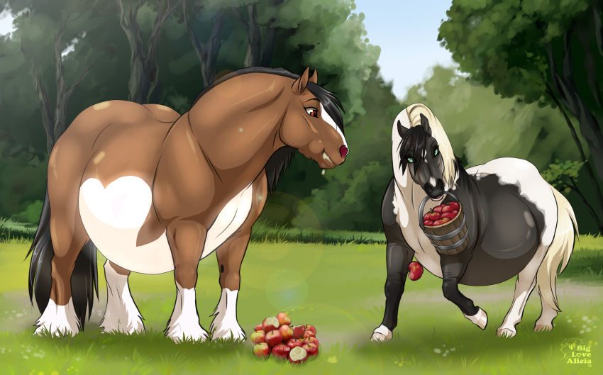 2019 apple belly big_belly biglovealicia black_body black_fur black_hair bloated blonde_hair brown_body brown_eyes brown_fur cel_shading cheek_bulge day detailed_background duo duo_focus ears_up eating eating_food equid equine eye_contact feet_tuft female feral food food_in_mouth forest forest_background fruit full-length_portrait fur grass green_eyes group hair hi_res horse horse_tail light lighting looking_at_another mammal multicolored_body multicolored_fur nature nature_background obese obese_female outside overweight overweight_female plant portrait shaded signature standing stuffing sunlight thick_arms thick_neck thick_thighs tree unguligrade walking white_body white_fur