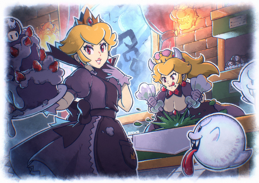 2girls black_dress blonde_hair boo_(mario) bowsette breasts cake cleavage crown dress earrings food fruit ghost gloves grey_gloves highres holding holding_cake holding_food horns indoors jewelry large_breasts long_hair looking_at_viewer mario_(series) multiple_girls open_mouth paper_mario paper_mario:_the_thousand_year_door pastry_bag pointy_ears poison_mushroom ponytail puffy_short_sleeves puffy_sleeves red_eyes saiwo_(saiwoproject) shadow_queen short_sleeves sphere_earrings strawberry super_crown tongue tongue_out