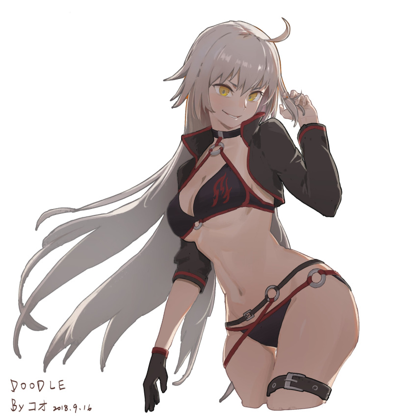 1girl absurdres ahoge asymmetrical_sleeves bikini black_bikini black_gloves black_jacket breasts choker cleavage cropped_jacket cropped_legs dated davidhuang701 fate/grand_order fate_(series) floating_hair gloves grey_hair hair_twirling highres jacket jeanne_d'arc_alter_(fate) jeanne_d'arc_alter_(swimsuit_berserker)_(fate) katana large_breasts long_hair long_sleeves looking_at_viewer navel o-ring o-ring_bikini parted_lips red_thighhighs shrug_(clothing) simple_background single_glove smile solo swimsuit sword thigh_strap thighhighs thighs underboob very_long_hair weapon white_background yellow_eyes