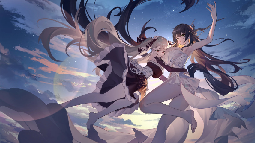 2girls azur_lane backlighting black_dress black_hair breasts cloud cloudy_sky dress flying foot_up formidable_(azur_lane) frills green_eyes grey_hair hair_ribbon highres hug indomitable_(azur_lane) large_breasts lens_flare long_hair making-of_available multiple_girls night night_sky no_shoes pantyhose red_eyes ribbon sky star_(sky) starry_sky twintails two-tone_dress very_long_hair white_dress white_pantyhose xiaoguolidun