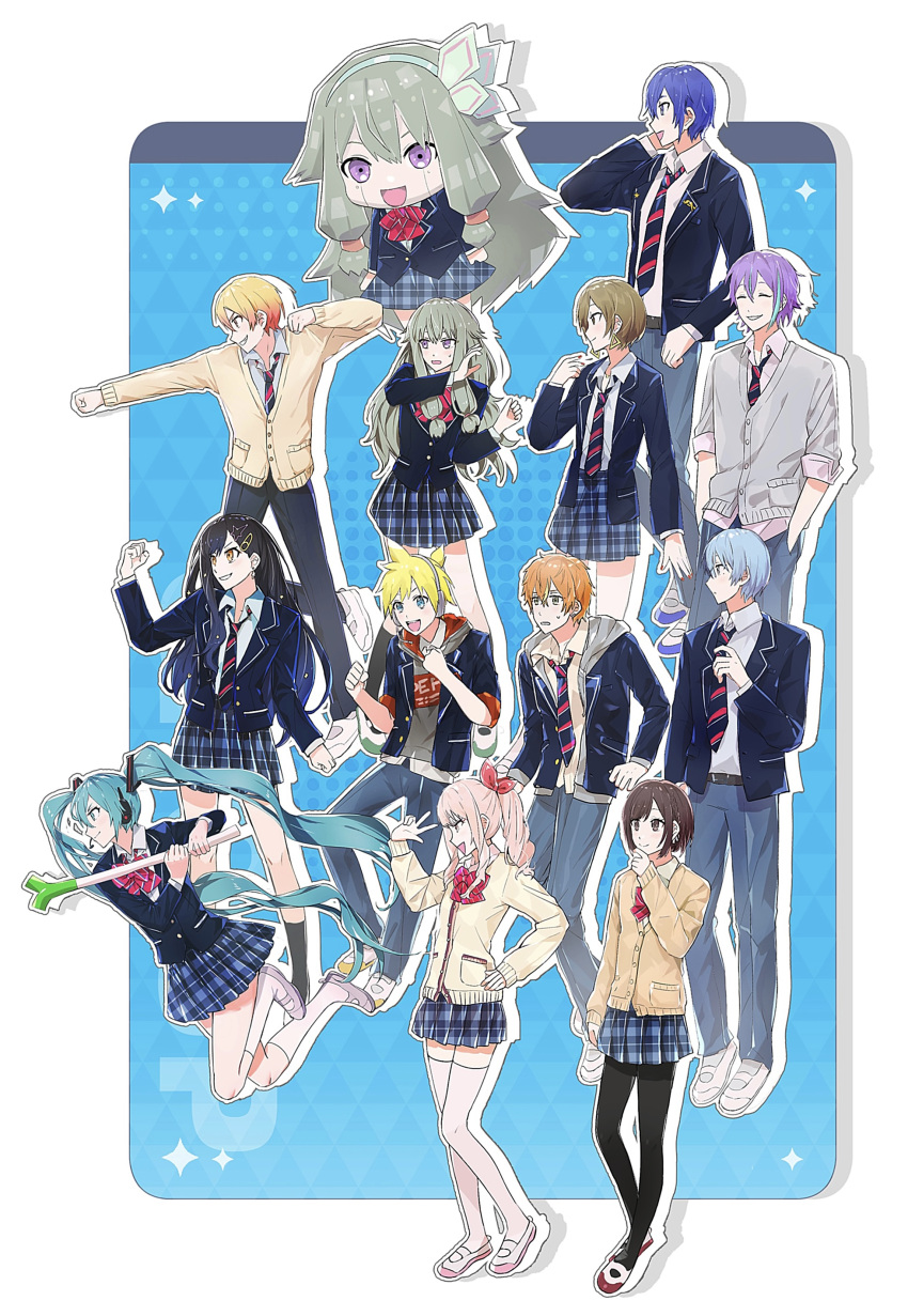 1other 5girls 6+boys absurdres akiyama_mizuki aoyagi_touya april_fools black_hair blazer blonde_hair blue_background blue_hair blue_jacket blue_pants blue_skirt cardigan daiye_(kkmcndsf) diagonal-striped_bowtie diagonal-striped_necktie earrings green_eyes hatsune_miku headphones high_ponytail highres jacket jewelry kagamine_len kaito_(vocaloid) kamiyama_high_school_uniform_(project_sekai) kusanagi_nene long_hair long_sleeves low_tied_sidelocks meiko_(vocaloid) multicolored_hair multiple_boys multiple_girls nenerobo pants pink_hair plaid plaid_skirt pleated_skirt project_sekai purple_eyes purple_hair robot school_uniform shinonome_akito shinonome_ena shiraishi_an shirt shoes short_hair skirt split-color_hair twintails uwabaki v very_long_hair vivid_bad_squad_len vivid_bad_squad_meiko vocaloid white_shirt wonderlands_x_showtime_kaito yellow_cardigan yellow_eyes