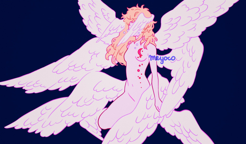 1girl angel_wings artist_name blonde_hair breasts covered_face crescent devilman devilman_crybaby feathered_wings feet_out_of_frame grey_background head_wings highres long_hair low_wings medium_breasts meyoco multiple_wings navel nude satan_(devilman) simple_background solo tears wings