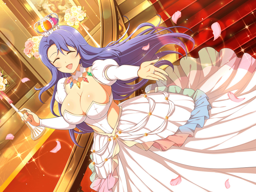 1girl ^_^ blue_gemstone blue_hair blush breasts bull choker cleavage closed_eyes crown detached_sleeves dress falling_petals flower frilled_dress frills gem green_gemstone highres jewelry large_breasts leaf long_hair nachi_(senran_kagura) official_art open_mouth painting_(object) petals pink_flower pink_gemstone pink_ribbon princess reaching_towards_viewer red_carpet red_gemstone ribbon ring senran_kagura senran_kagura_new_link senran_kagura_new_wave smile solo stairs strapless strapless_dress white_dress yaegashi_nan yellow_flower yellow_gemstone