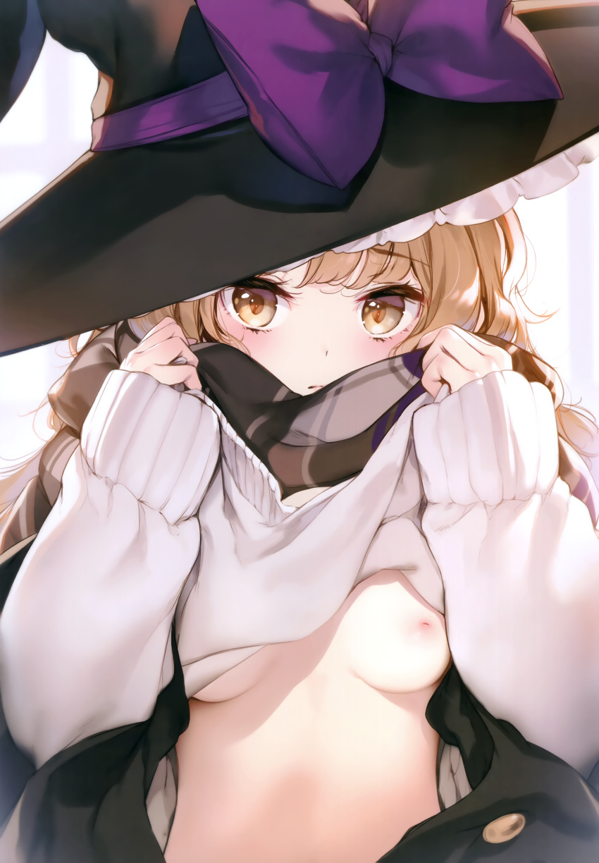 1girl absurdres black_headwear black_vest blonde_hair blush bow breasts buttons closed_mouth frills hair_between_eyes hands_up hat hat_bow highres ke-ta kirisame_marisa long_hair long_sleeves looking_at_viewer nipples plaid plaid_scarf puffy_long_sleeves puffy_sleeves purple_bow scarf simple_background small_breasts solo sweater touhou vest white_background white_sweater witch_hat yellow_eyes