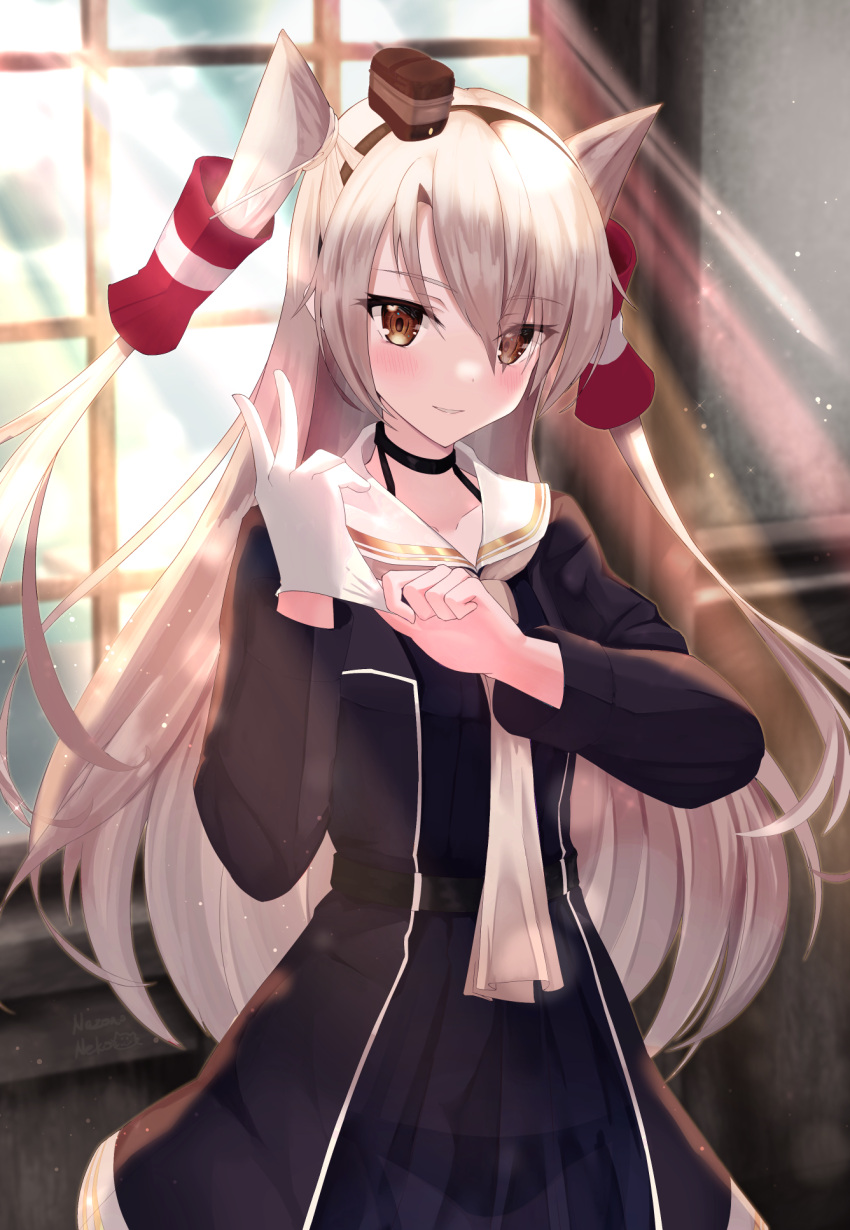 1girl amatsukaze_(kancolle) amatsukaze_kai_ni_(kancolle) black_dress blush dress gloves grey_hair hair_tubes highres kantai_collection long_hair long_sleeves nazono_neko sailor_collar sailor_dress single_glove smile solo two_side_up upper_body white_gloves white_sailor_collar yellow_eyes