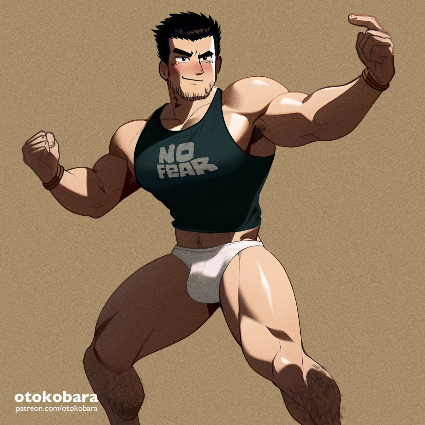 1boy artist_name bara black_hair black_tank_top blush bulge clenched_hand closed_mouth highres large_pectorals lucas_lee male_focus male_underwear muscular muscular_male otokobara patreon_username pectorals scott_pilgrim_(series) scott_pilgrim_takes_off short_hair smile solo tank_top thick_thighs thighs underwear white_male_underwear