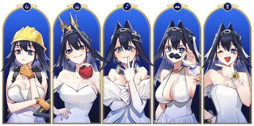 absurdres adarin apple blue_eyes blue_nails breasts chain crown dress fake_facial_hair fake_mustache food fruit hard_hat headphones helmet highres holding holding_food holding_fruit hololive hololive_english large_breasts one_eye_closed ouro_kronii parody wedding_dress