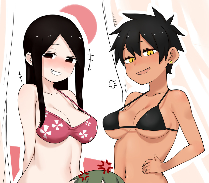 3girls :d anger_vein bikini black_hair blush breasts commentary_request dark-skinned_female dark_skin earrings green_hair hand_on_own_hip highres igarashi_futaba_(shiromanta) jewelry kurobe_natsumi_(shiromanta) long_hair looking_at_viewer medium_breasts multiple_girls navel note2000 sakurai_touko senpai_ga_uzai_kouhai_no_hanashi short_hair smile swimsuit yellow_eyes