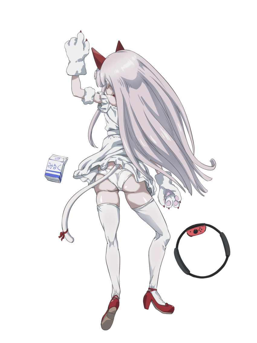 1girl after_sex after_vaginal animal_ears animal_hands ass bare_shoulders cat_tail commentary_request fake_animal_ears grey_hair grey_thighhighs hair_ornament highres joy-con long_hair lying milk_carton namahoshi-chan nomanota on_stomach panties red_footwear red_ribbon ribbon shinsougumi shiny_skin shoes simple_background tail thighhighs underwear white_background white_panties