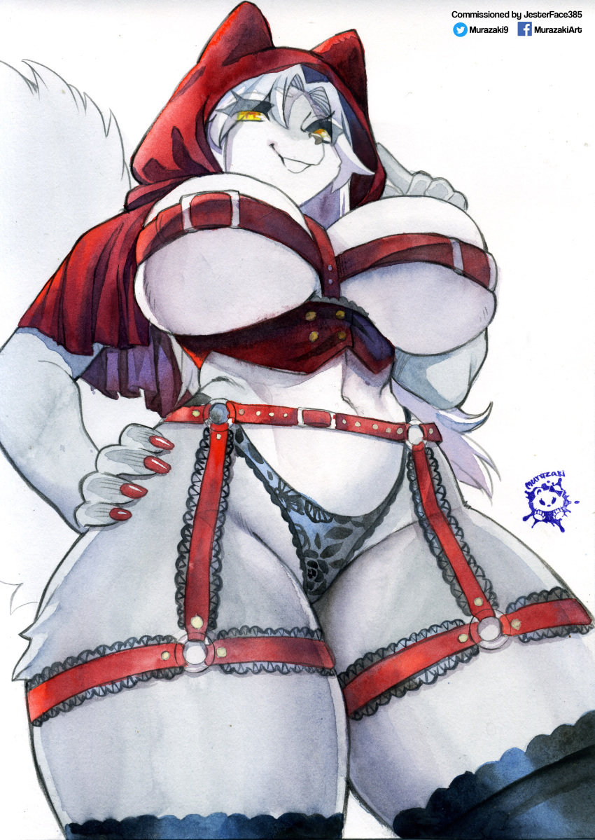 absurd_res anthro big_breasts breasts canid canine canis clothing female hi_res legwear looking_at_viewer looking_back looking_back_at_viewer low-angle_view mammal murazaki panties solo thick_thighs thigh_highs underwear wolf