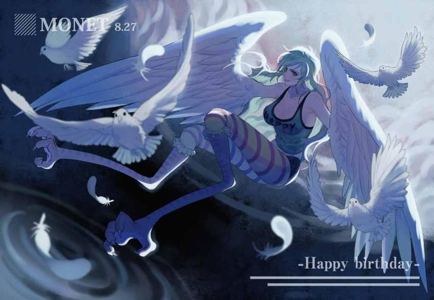 1girl absurdres animal bare_shoulders bird bird_legs birthday breasts character_name cleavage clothes_writing crop_top feathered_wings feathers flying green_hair green_tank_top harpy highres jj_(pixiv_19227432) large_breasts long_hair looking_at_viewer midriff monet_(one_piece) monster_girl one_piece solo striped talons tank_top white_feathers white_wings winged_arms wings yellow_eyes