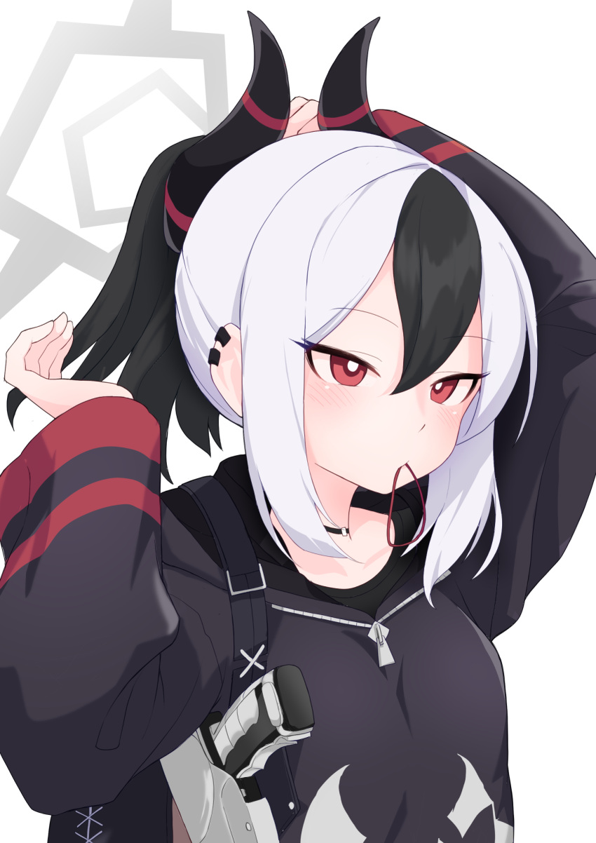 1girl black_hair black_hoodie black_horns blue_archive breasts bright_pupils commentary demon_horns ear_piercing expressionless gun hair_tie_in_mouth handgun highres holster hood hood_down hoodie horns jakomurashi kayoko_(blue_archive) long_sleeves looking_at_viewer medium_breasts mouth_hold multicolored_hair piercing ponytail red_eyes short_hair shoulder_holster sidelocks solo two-tone_hair updo upper_body weapon white_hair white_pupils