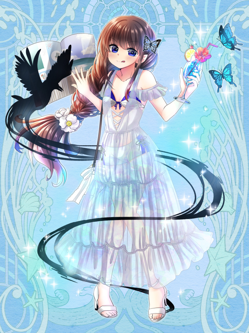 bird blue_background blue_butterfly breasts brown_hair bug butterfly butterfly_hair_ornament crow dress drinking_straw flower food fruit hair_flower hair_ornament highres lemon lemon_slice licking_lips long_hair sandals see-through shimotsukishin shorts_under_dress small_breasts standing tongue tongue_out white_dress