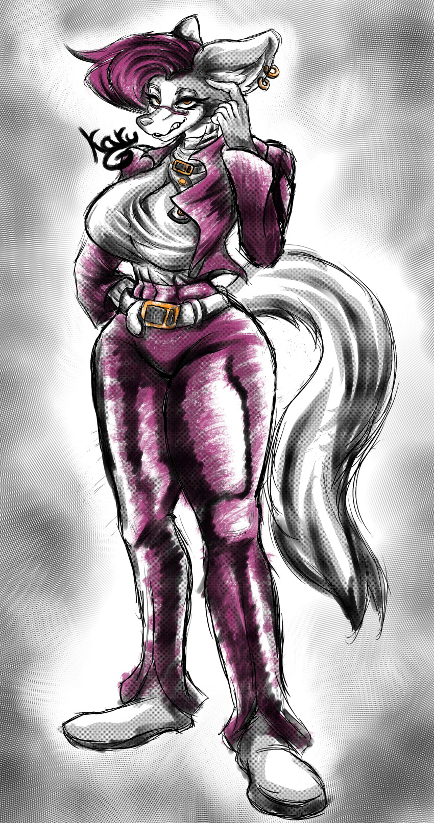 absurd_res anthro ashina_(karu) belt breasts canid canine canis clothed clothing curved_tail curvy_figure ear_piercing female hair hi_res karu_(artist) mammal muscular muscular_female orange_eyes piercing pink_hair pose shaded solo tail thick_thighs wide_hips wolf