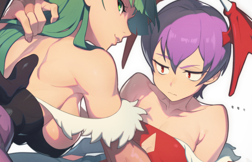 2girls animal_print bare_shoulders black_leotard breast_envy breasts collarbone demon_girl demon_wings diamond_cutout green_eyes green_hair grey_background hair_between_eyes hata4564 head_wings highres large_breasts leotard lilith_aensland long_hair looking_at_viewer morrigan_aensland multiple_girls pantyhose purple_hair red_eyes red_leotard short_hair siblings simple_background sisters small_breasts vampire_(game) wings