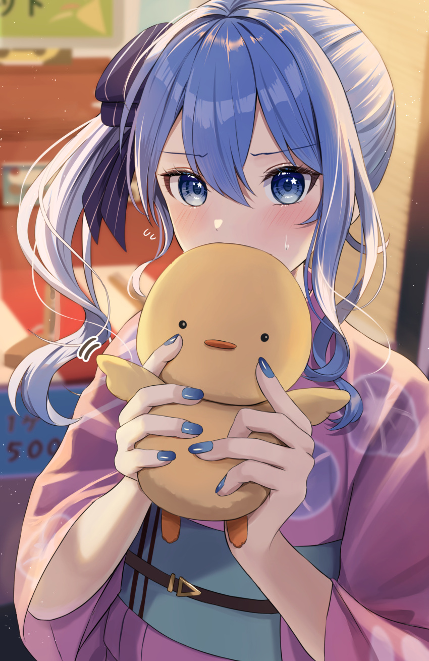 1girl absurdres blue_eyes blue_hair blush hair_between_eyes hair_ribbon highres hololive hoshimachi_suisei japanese_clothes kimono long_hair looking_at_viewer nakaneabura8623 purple_kimono ribbon solo star_(symbol) star_in_eye stuffed_animal stuffed_duck stuffed_toy symbol_in_eye virtual_youtuber