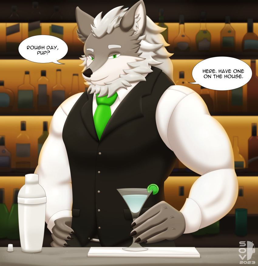 alcohol anthro bar bartender beverage canid canine canis clothed clothing cocktail cocktail_shaker countershade_face countershading dialogue fully_clothed glass green_eyes hair hand_on_hip hi_res inside long_hair looking_at_viewer male mammal multicolored_body muscular muscular_male necktie solo sovulsen standing talking_to_viewer topwear two_tone_body vest wolf
