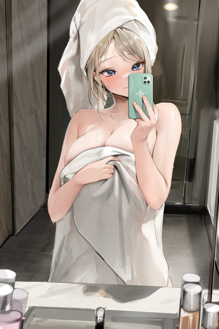 1girl absurdres bare_shoulders bathroom blonde_hair blue_eyes blush breasts cellphone cleavage closed_mouth contrapposto counter hand_on_own_chest highres holding holding_towel indoors large_breasts lillly mirror naked_towel original phone see-through_silhouette selfie smartphone smile solo swept_bangs towel towel_on_head