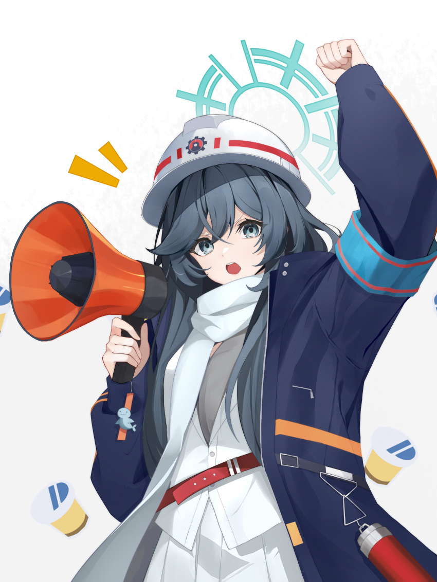 1girl absurdres anri_(user_ncce8585) arm_up armband blue_archive blue_coat breasts clenched_hand coat grey_eyes grey_hair grey_shirt hardhat helmet highres long_hair long_sleeves looking_at_viewer megaphone minori_(blue_archive) notice_lines open_clothes open_coat open_mouth scarf shirt simple_background skirt small_breasts solo thermos upper_body v-shaped_eyebrows vest white_background white_skirt white_vest