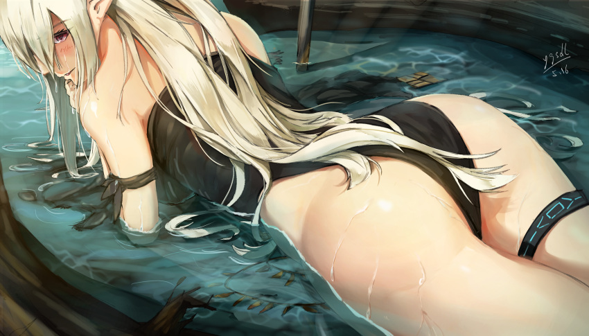1girl absurdres arknights artist_name ass black_one-piece_swimsuit blush cowboy_shot fallen_tree grey_hair highres infection_monitor_(arknights) long_hair lying official_alternate_costume on_stomach one-piece_swimsuit pointy_ears red_eyes shining_(arknights) shining_(silent_night)_(arknights) sidelocks solo swimsuit thigh_ring very_long_hair water wet ygxdl