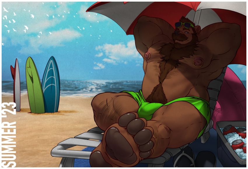 2023 anthro barazoku barefoot beach beach_chair bear beard belly beverage_can biceps big_bulge big_muscles body_hair border brown_bear bulge chair chest_hair clothed clothing cloud cobaltgrande cooler day detailed_background english_text eyebrows eyewear eyewear_on_head facial_hair feet footwear fur furniture hair hands_behind_head happy_trail henry_harris_baxter hi_res huge_muscles ice looking_at_viewer male mammal manly musclegut muscular muscular_anthro muscular_male navel nipple_piercing nipple_ring nipples obliques outside pawpads pecs piercing pubes relaxing ring_piercing sand sandals seaside serratus shadow sitting sky soles solo summer sunglasses sunglasses_on_head surfboard swim_ring swimming_trunks swimming_trunks_only swimwear swimwear_only text thick_thighs topless topless_anthro topless_male towel tuft umbrella ursine water white_border