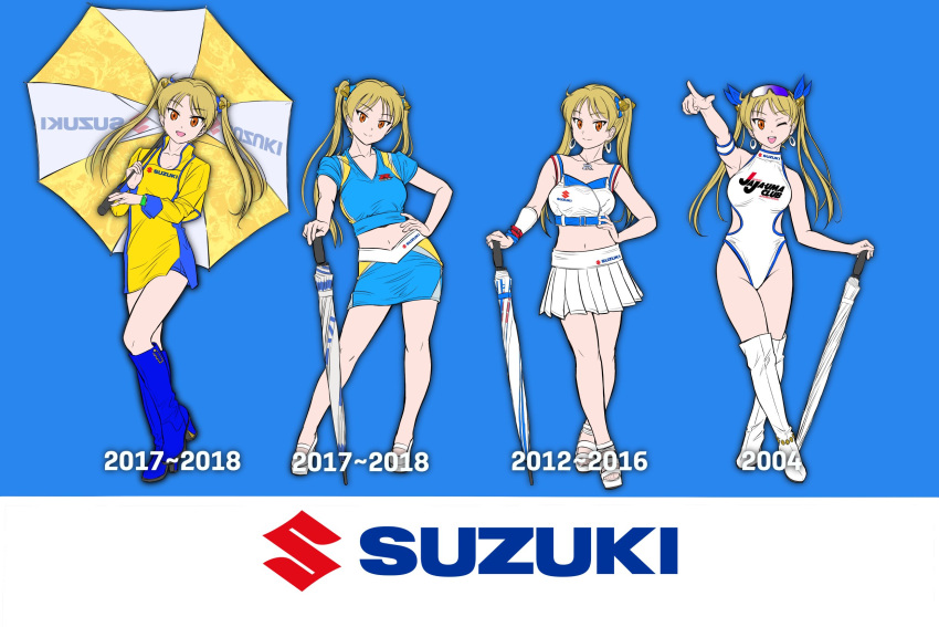 1girl armband bakuon!! blonde_hair blue_background blue_footwear blue_shirt blue_skirt boots breasts clothes_writing commentary_request dress full_body highleg highleg_leotard highres large_breasts leotard logo long_hair midriff mini_person minigirl multiple_views planted planted_umbrella race_queen red_eyes sakuma_masanori shirt skirt standing suzuki_(company) suzunoki_rin thigh_boots twintails umbrella white_footwear white_leotard white_shirt wristband yellow_dress