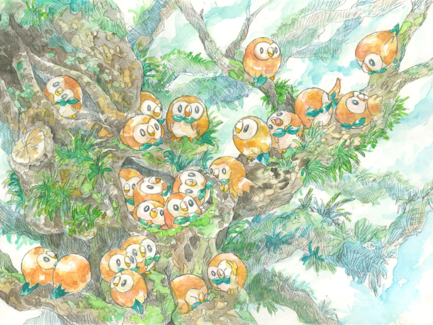 animal_focus bird black_eyes bright_pupils head_tilt in_tree leaf looking_back no._017 no_humans one_eye_closed open_mouth outdoors owl painting_(medium) pokemon preening rowlet traditional_media tree watercolor_(medium) white_pupils