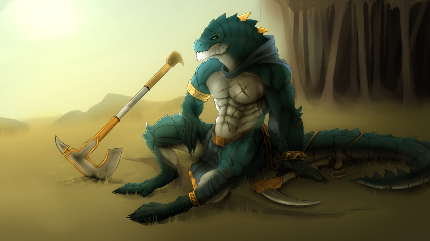 absurd_res anthro axe forest forest_background hi_res isaach0lst kroxigor lizardman male muscular muscular_male nature nature_background plant scalie scar solo sunset tree warhammer_(franchise) warhammer_fantasy weapon