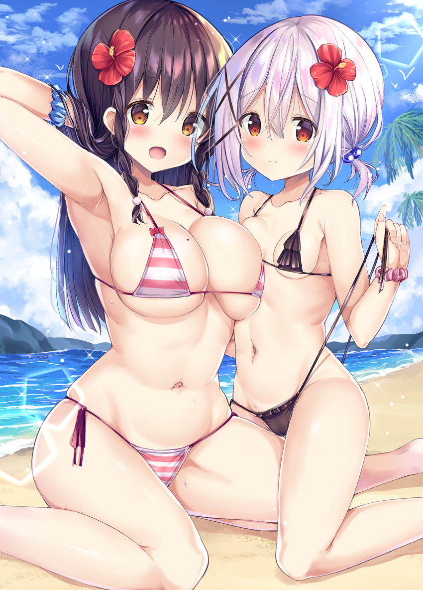 2girls armpits beach bikini black_bikini black_hair blue_scrunchie blue_sky breasts cloud comic_cune day flower frilled_bikini frills hair_flower hair_ornament highres kurou_(quadruple_zero) large_breasts long_hair looking_at_viewer mole mole_on_breast multiple_girls navel ninose_shizuku ocean outdoors red_eyes scrunchie shirakawa_kokona short_hair side-tie_bikini_bottom sky small_breasts striped striped_bikini swimsuit watashi_no_tame_ni_nuginasai! white_hair wrist_scrunchie x_hair_ornament