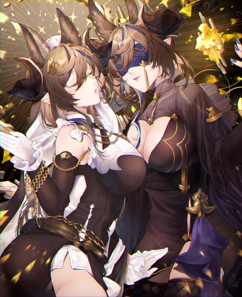 2girls absurdres animal_ears asymmetrical_hair asymmetrical_legwear blindfold breasts brown_hair closed_eyes detached_sleeves dual_persona extra_ears frilled_sleeves frills galleon_(granblue_fantasy) galleon_(life's_compassionate_observer)_(granblue_fantasy) gloves granblue_fantasy highres horns large_breasts long_hair multicolored_hair multiple_girls pakkuncho parted_lips pointy_ears purple_nails skindentation streaked_hair thigh_strap white_gloves