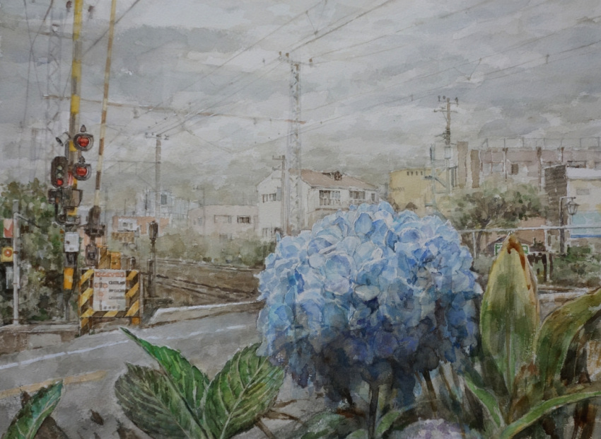 blue_flower flower grey_sky motor_vehicle no_humans original painting_(medium) plant power_lines railroad_tracks road scenery shiki4winter sign sky town traditional_media truck utility_pole watercolor_(medium)